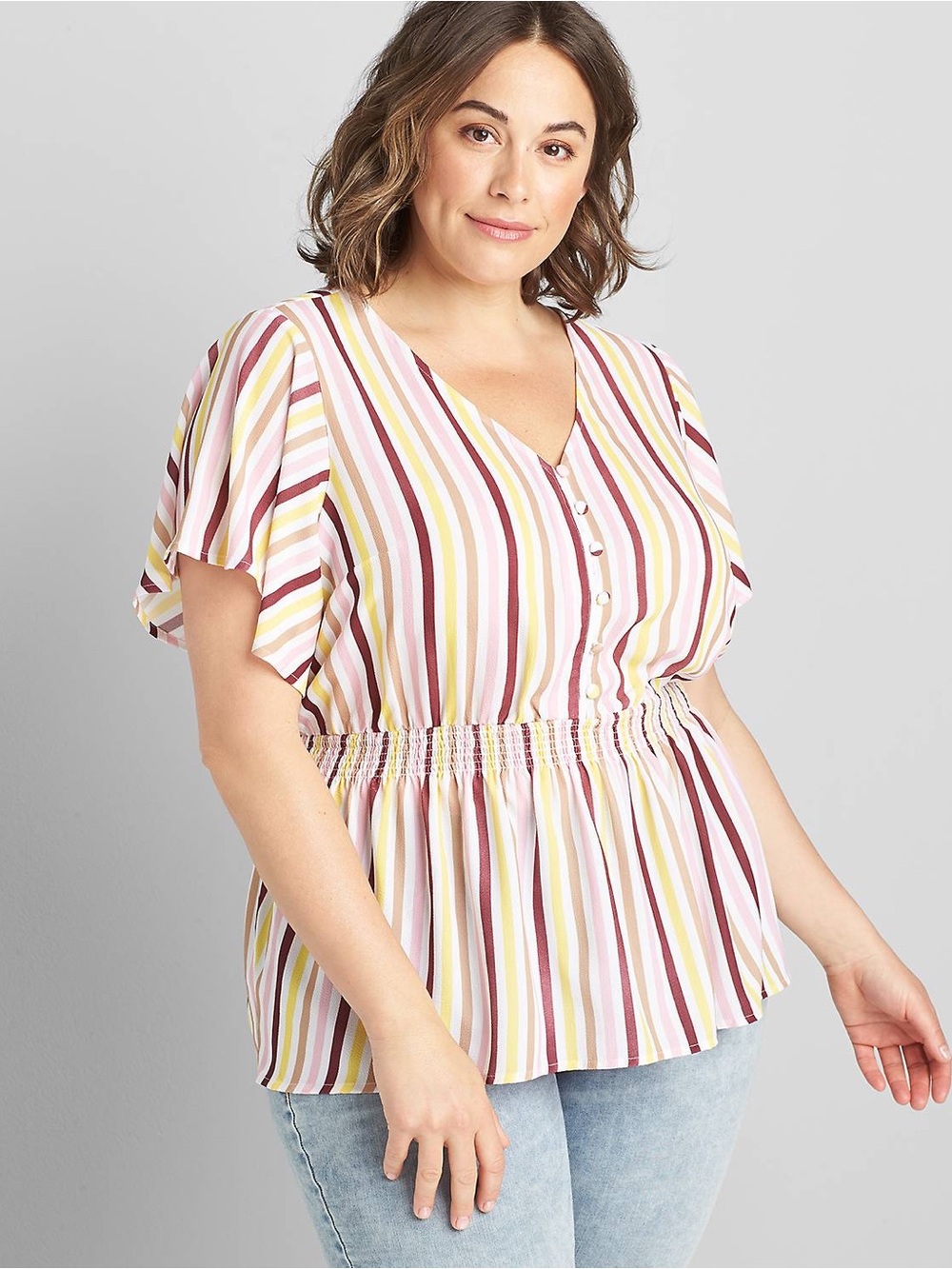 Lane Bryant NEW sz 26 Top Yellow Stripe Burgundy Pink Lightweight Breathable